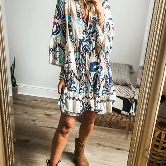 White Printed Bracelet Sleeve Buttoned Mini Dress