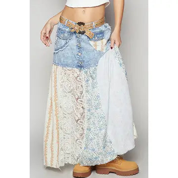 Woven Floral Print Mixed Skirt