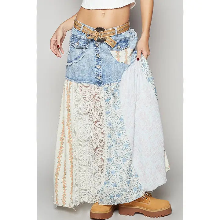 Woven Floral Print Mixed Skirt