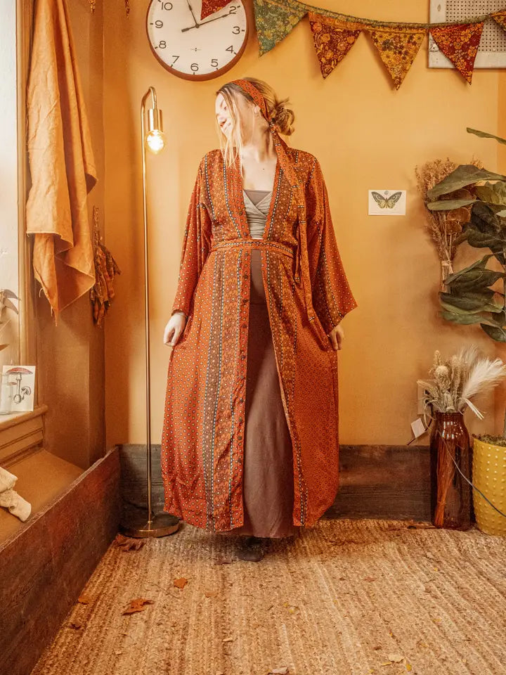 Earthy Orange Silk Bohemian Kimono, Button Down Duster