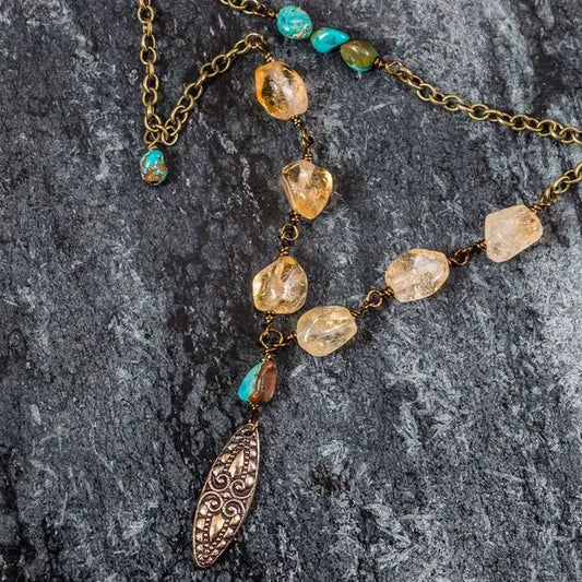 Hayley - Turquoise/Citrine/Bronze Long Necklace