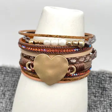 Heart Charm Multilayer Rhinestone Leather Boho Bracelet