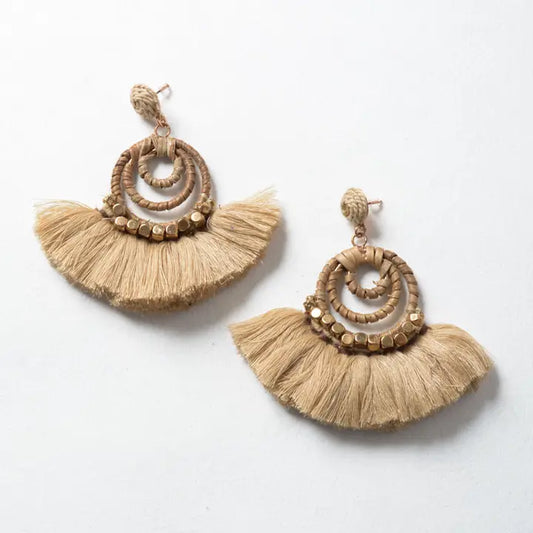 Natural Fan Bead & Coil Dangle Drop Earrings
