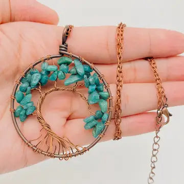 Handmade Natural Stone Gravel Pendant Necklace | Tree of Life