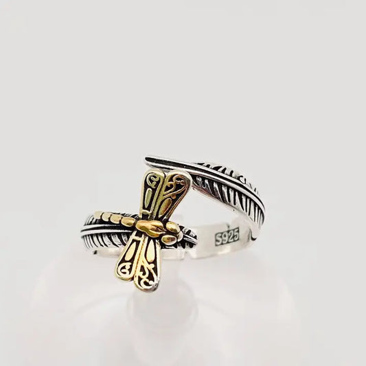 Silver Plated Feather Gold Dragonfly Adjustable Ring
