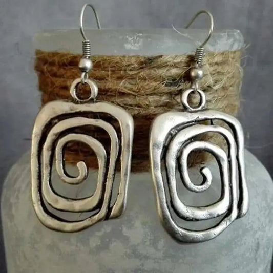 Silvery Vintage Square Swirl Hook Earrings