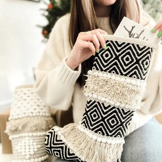 Black and Cream Geometric Boho Christmas Stocking