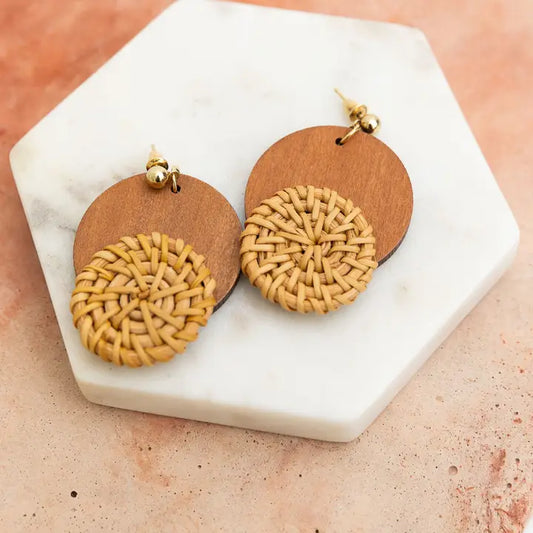 Bohemian Style Natural Wood Accent Straw Earrings