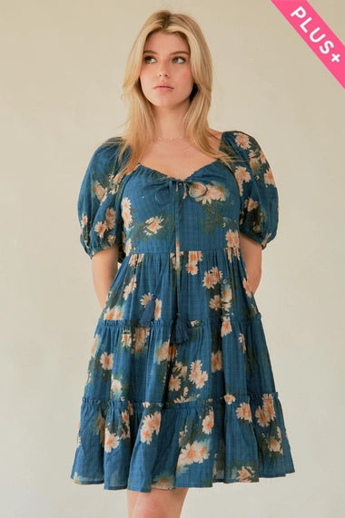 Plus Printed Short Elastic Balloon Sleeve Dress