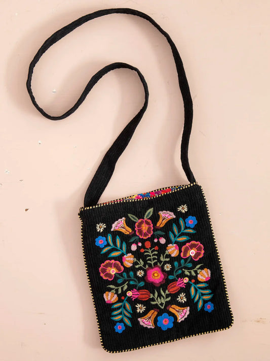 Embroidered Corduroy Crossbody Bag