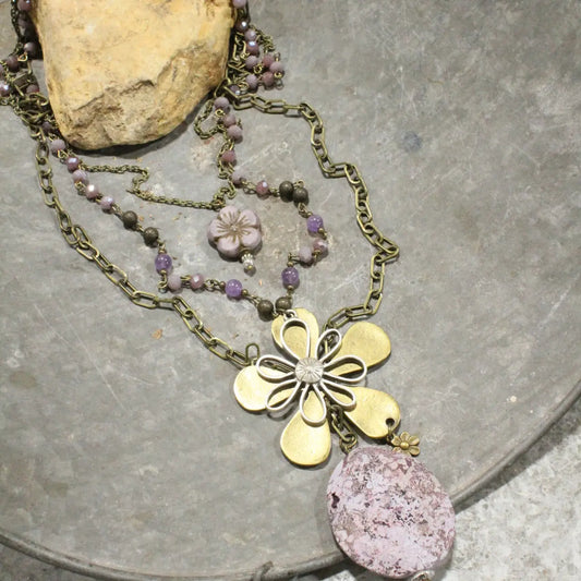Purple Czech & Stone Layered Necklace