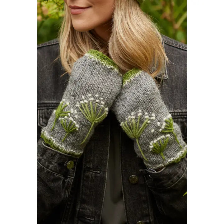 Granchester Embroidered Cow Parsley Knitted Wool Handwarmers