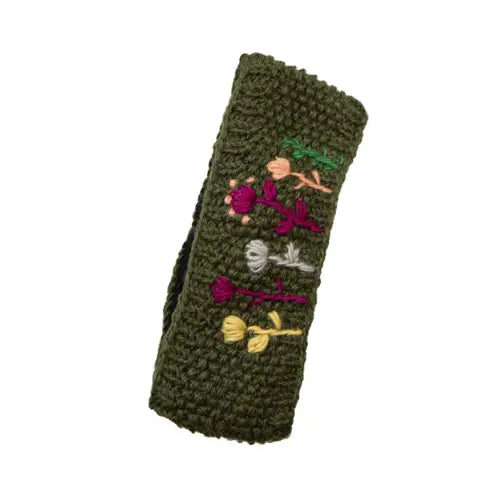 Green Wool Knit Headband with Embroidered Flowers
