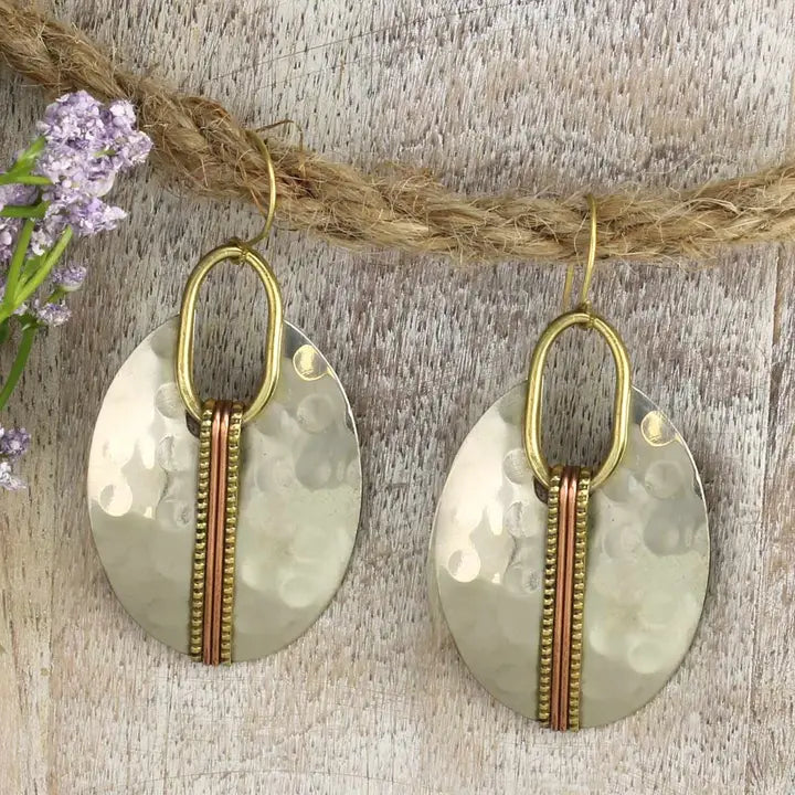 Mixed Metal Hammered Silver Oval Earrings