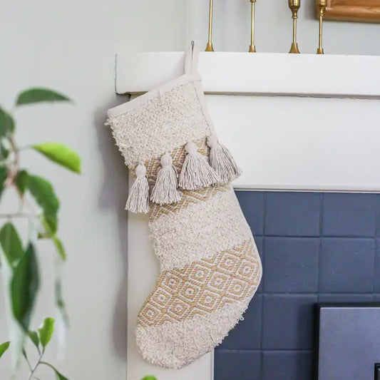 Handmade Nude Geometric Boho Christmas Stockings with Tassel