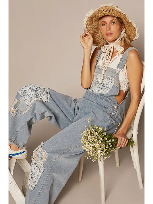 Crochet Patchwork Detail Casual Denim Overalls