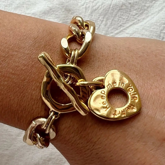 Gold Chunky Chain Bracelet Heart Charm, Heart Bracelet