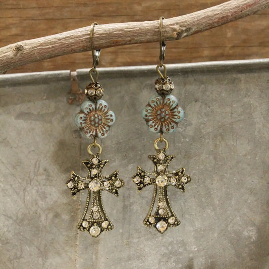 Vintage Bronze Cross & Denim Czech Dangle Earring