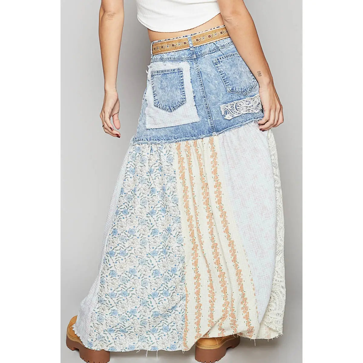 Woven Floral Print Mixed Skirt