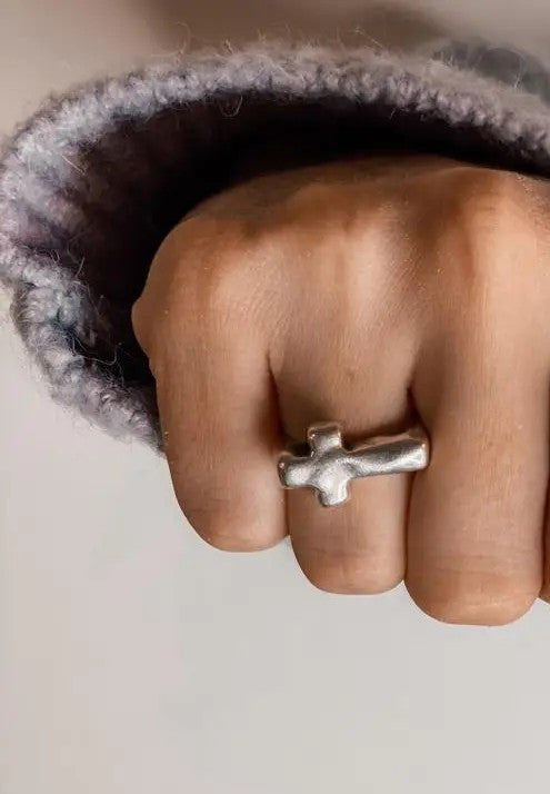 Stackable Silver Cross and Wide Ring