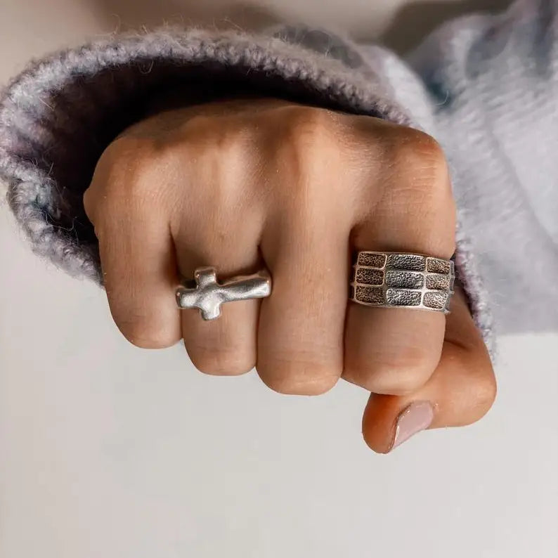 Stackable Silver Cross and Wide Ring