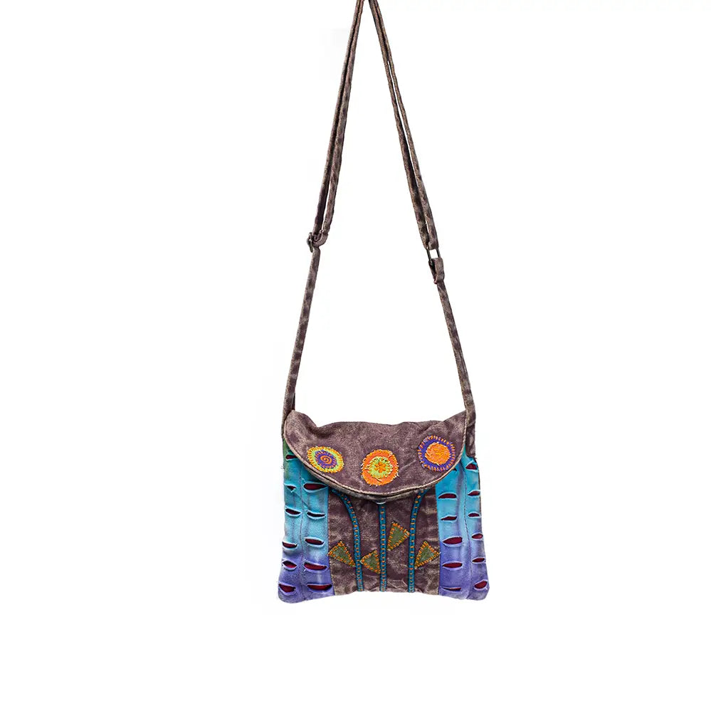 Brown Stonewash Crossbody with Hand-Stitched Flower Design