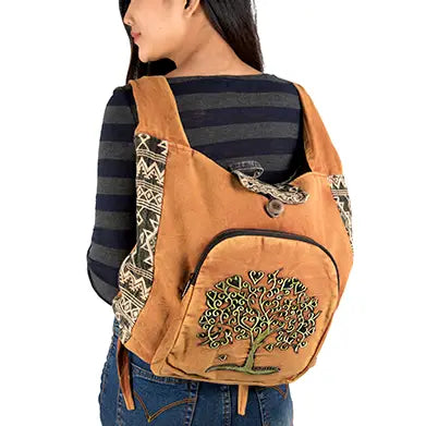 Stonewashed Cotton Crossbody with Embroidered Tree of Life