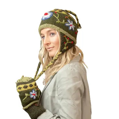 Wool Knit Cap with Embroidered Flowers and Plants & Earflap