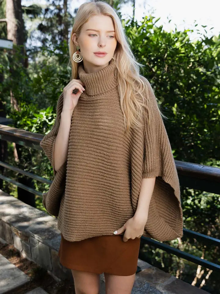 Turtleneck Ribbed Knit Poncho