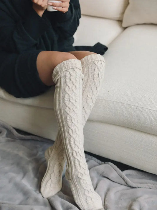 Bold & Cozy Thigh-High Cable Knit Socks