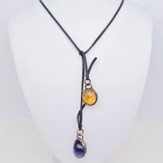 Citrine & Amethyst Pendant Pu Leather Lariat Necklace