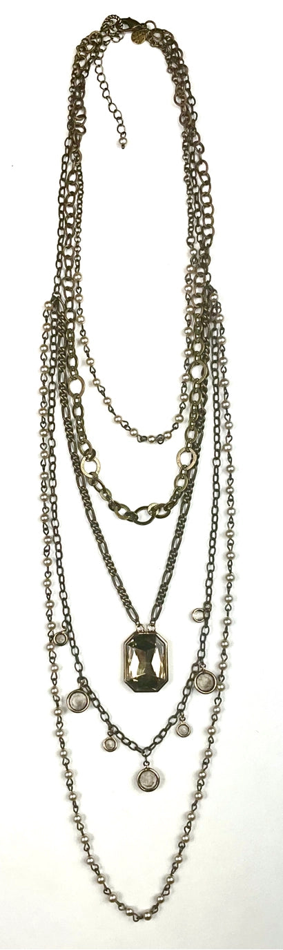 Multi Layer Chain, Pearl, Glass Vintage Style Necklace