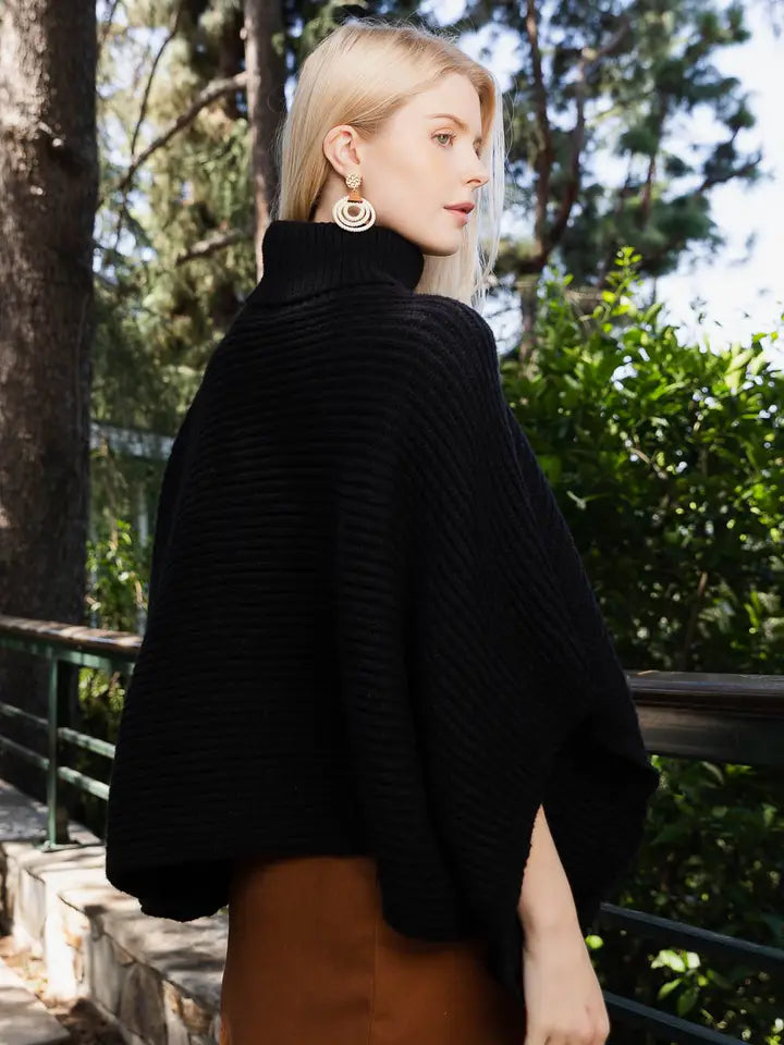 Turtleneck Ribbed Knit Poncho