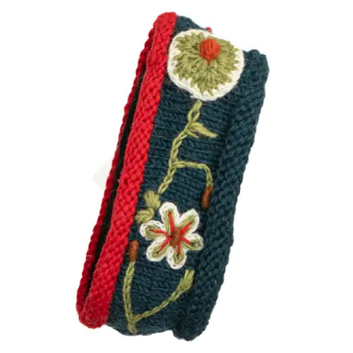 Wool Knit Ghadi Headband with Embroidered Flowers