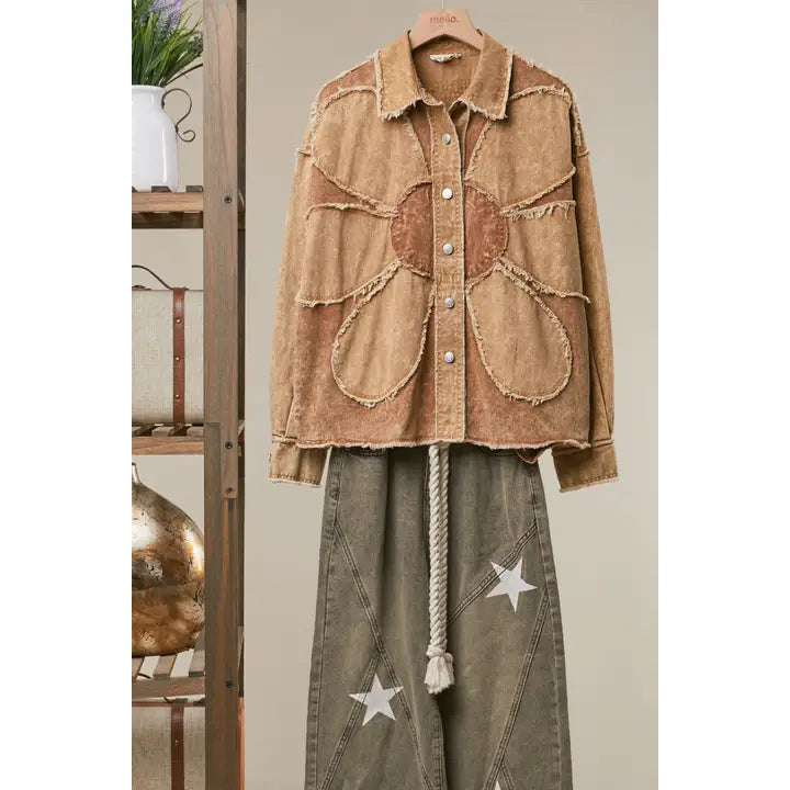Corduroy Flower Appliqué Shirt Jacket