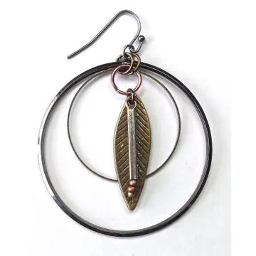 Earrings Thin Rings Dangling Leaf or Disc