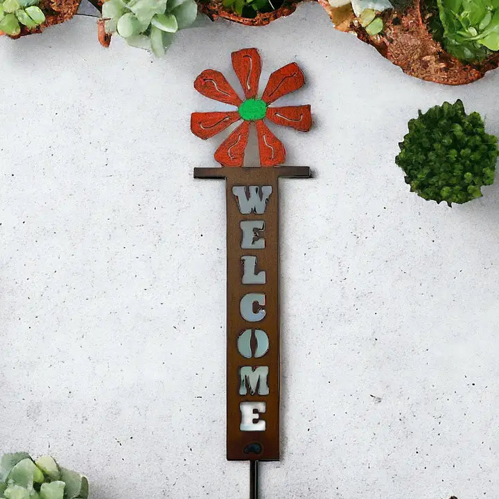 Flower Welcome Sign Plant Stakes Garden Lawn Patio