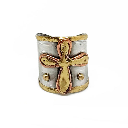 Handcrafted Cross Mixed Metal Ring