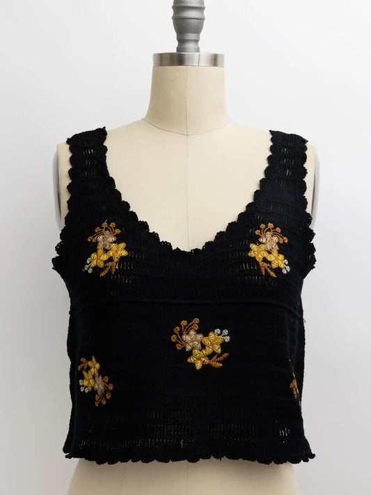 Crochet Flower Top-Black