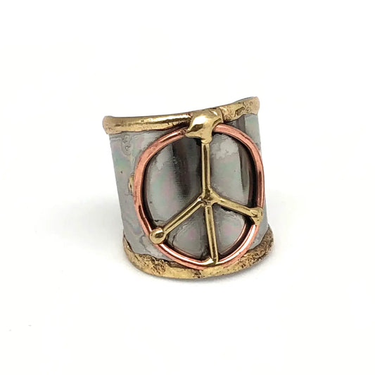 Mixed Metal Peace Sign Adjustable Cuff Ring