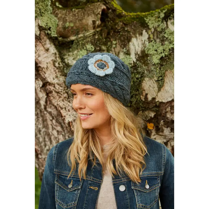 Sorrento Wool Cable Knit Beanie Hat with Crochet Flower Teal