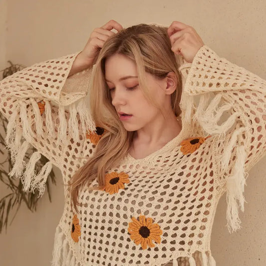 Sunflower Patched Crochet Sweater with Fringes
