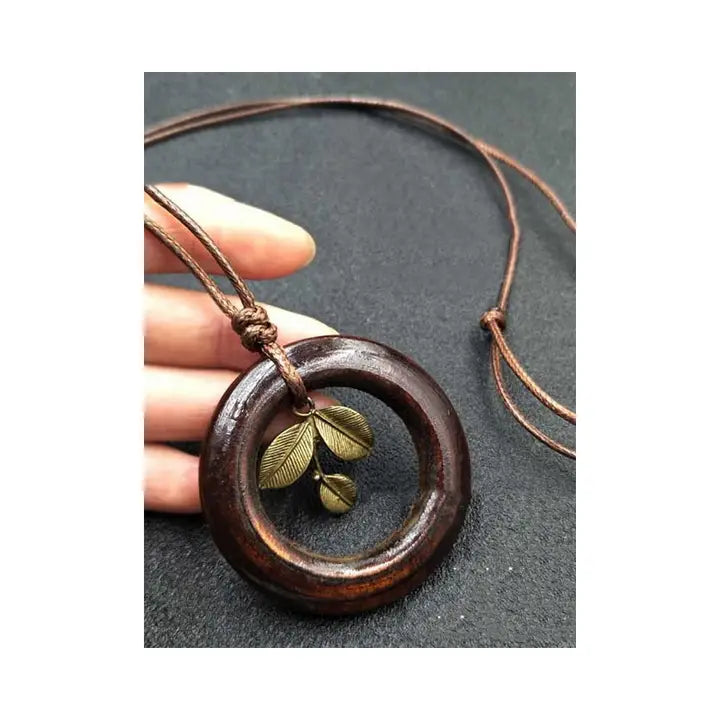 Vintage Handmade Wood Geometric Leaf Necklace