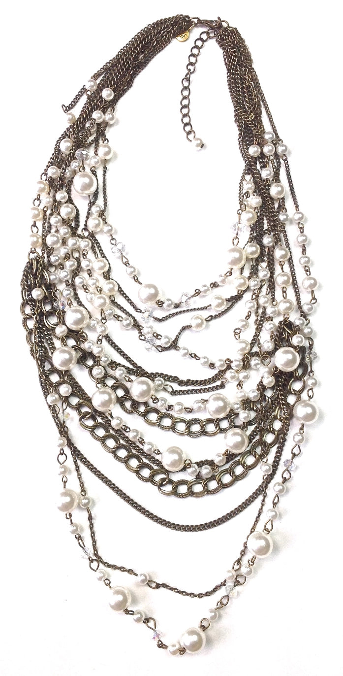 Multi Strand Linked Pearl & Chain Statement Necklace