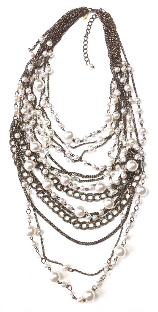 Multi Strand Linked Pearl & Chain Statement Necklace