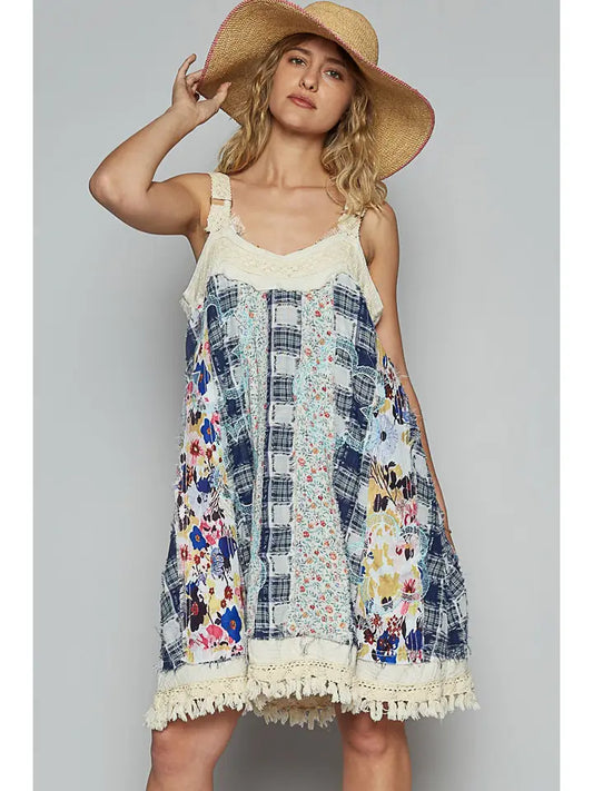 V-Neck Sleeveless Embroidery Plaid Printed Dress