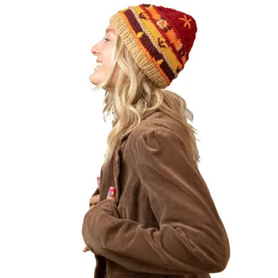 Wool Knit Cap Beanie with Intricate Plant Embroidery