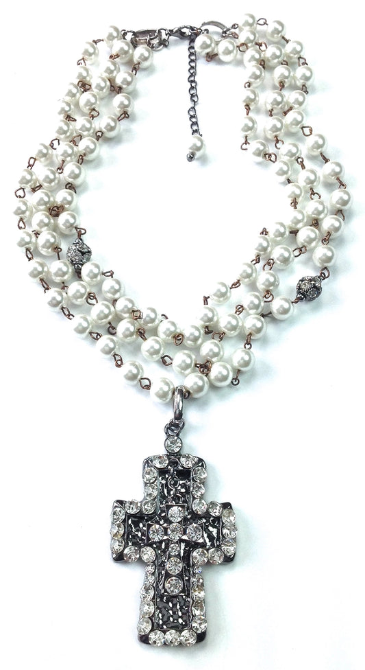 Triple Strand Rosaried Pearls with Cross Pendant Necklace
