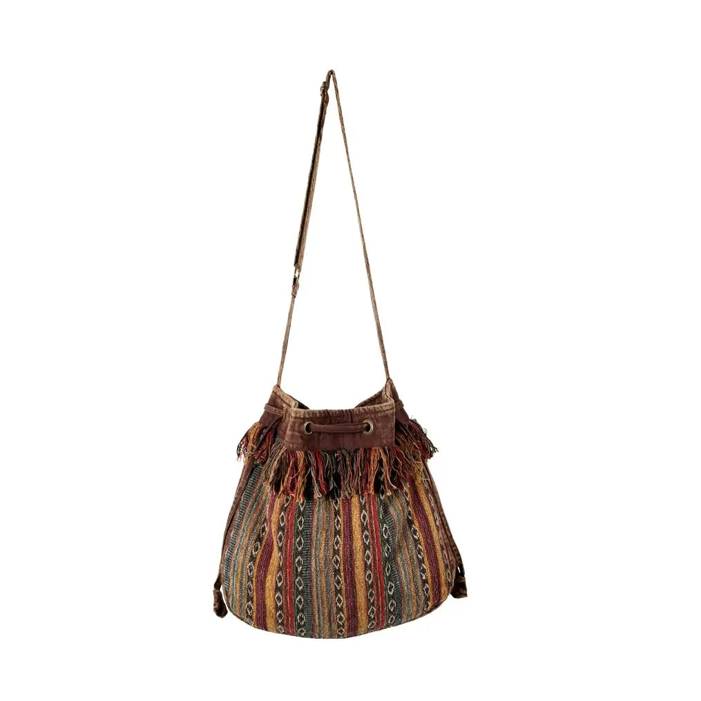Tibetan Cotton Striped Drawstring Bag with Fringe | Handmade