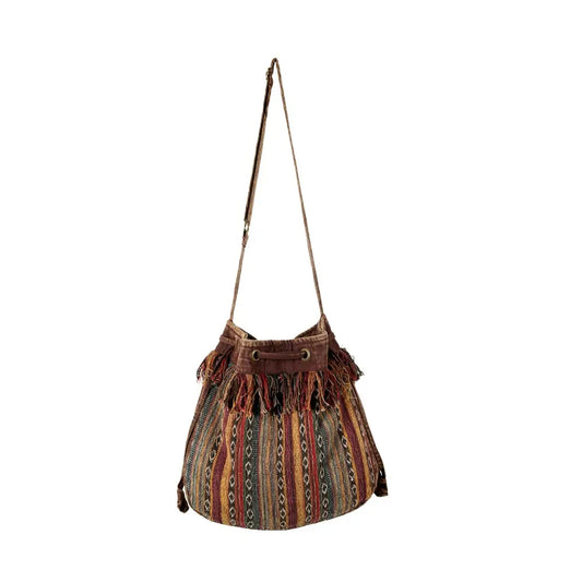 Tibetan Cotton Striped Drawstring Bag with Fringe | Handmade